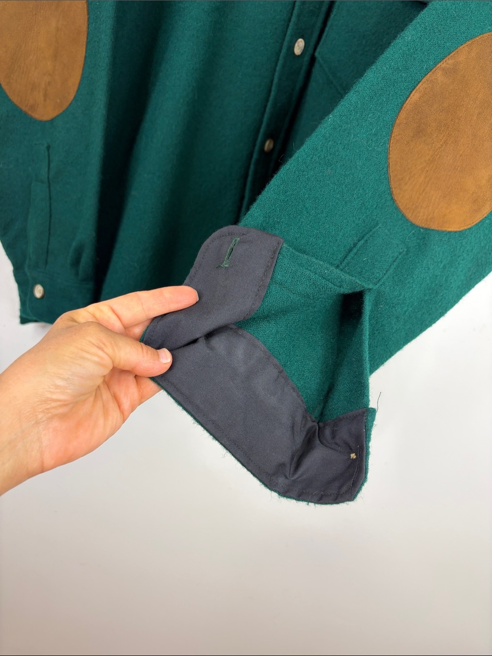 Woolrich Overshirt Mens XL Dark Green Wool Flannel Long Sleeve Elbow Patches - Picture 9 of 11